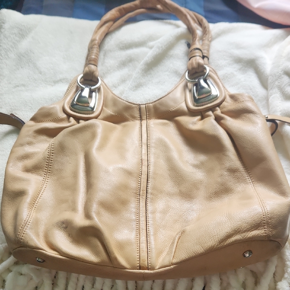 B. Makowsky Tan Leather Shoulder Bag with Silver Hardware